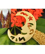 Crescent Man In The Moon Brooch Pin Smiling Face Gold Tone Large - $15.95