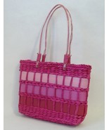 Pink Straw Purse Ribbon Trim Tote Handbag Double Handles Fabric Lined Beach Bag  - $28.00
