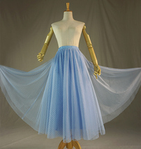 Light Blue Plaid Skirt Women High Waisted Long Plaid Skirt Tulle Skirt