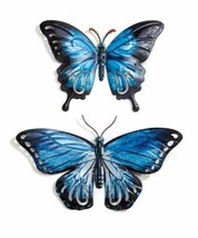 Blue Butterfly Wall Plaques Set of 2 Metal 14" and 10.5" Wide with Wing Cut Outs
