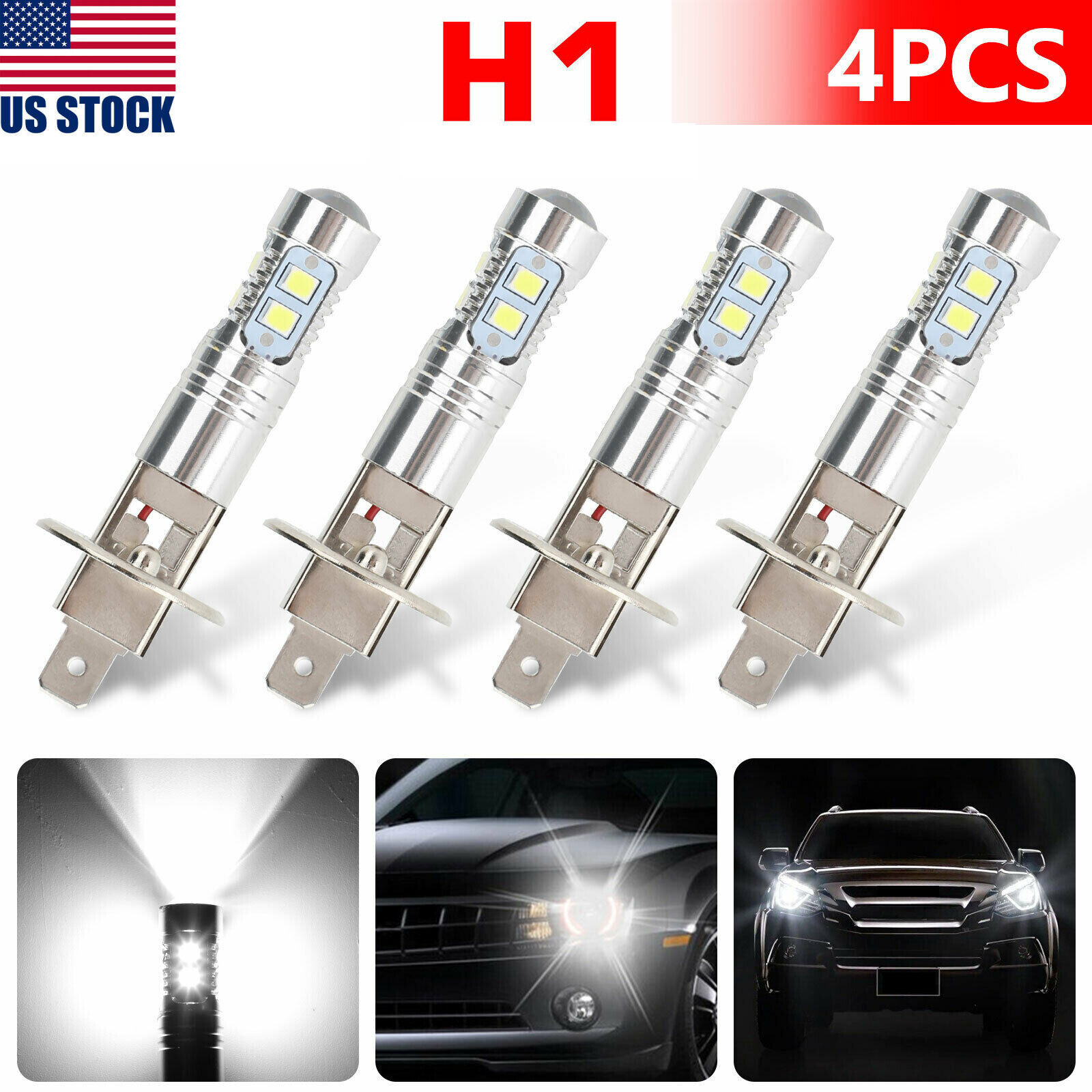 4pcs White H1 LED Headlight High Low Beam Light SMD Bulb Vehicle Lamp 100W  