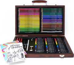 Art 101 Doodle and Color 142 Pc Art Set in a Wood Carrying Case, Includes  24 Premium Colored Pencils, A variety of coloring and painting mediums:  crayons, oil pastels, watercolors; Portable Art