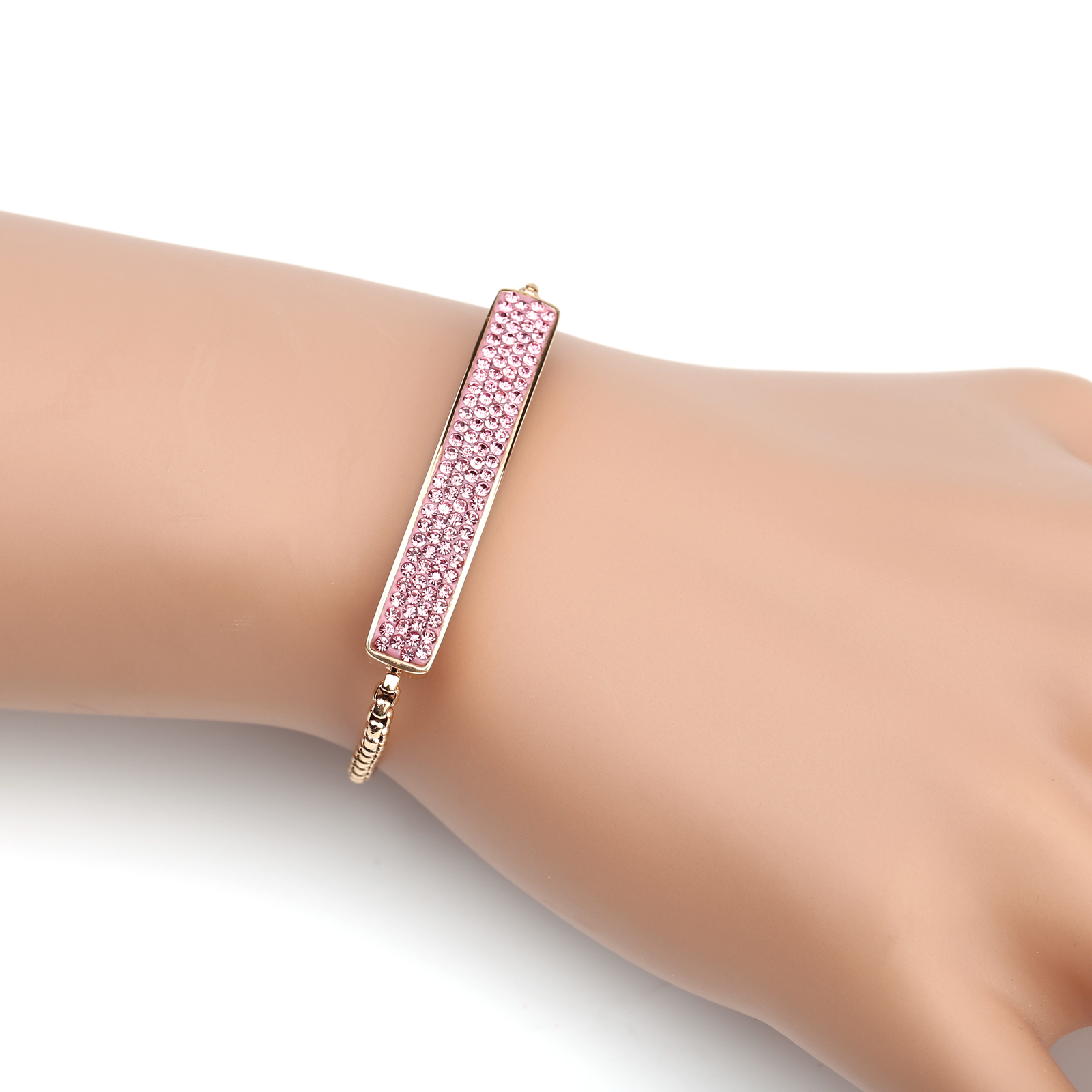 rose tone bolo bar bracelet with pink swarovski style crystals