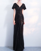 Women BLACK Sleeved High Waist Maxi Sequin Dress Plus Size Long Sequin Dresses