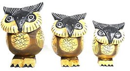 Hand Carved Wood Family of 3 Brown and Black Owls Decor Sculptures Design - $19.74
