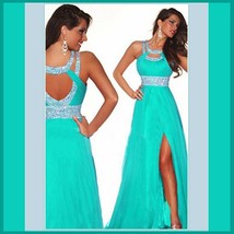 Aqua Blue Sequined Strap and Sequined Empire Waist Fully Lined w/ Leg Split Gown