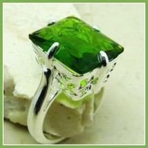 Olive Emerald Cut Green Quartz Crystal Antique Style Sterling Silver Signet Ring