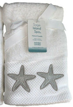 Blue Starfish Shell White Hand Towels Bathroom Set of 2 Beach Summer  Embroidered