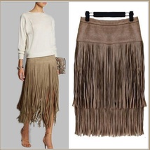 Western Double layer Long Fringe Tassels Brown Faux Suede Leather Midi Skirt image 3
