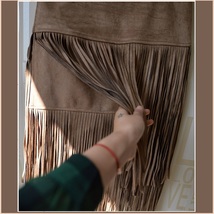 Western Double layer Long Fringe Tassels Brown Faux Suede Leather Midi Skirt image 4