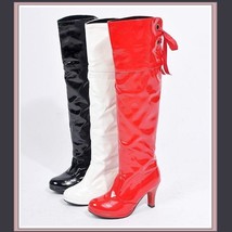 Knee High Wet Look Glossy PU Leather 3 inch Heel Fashion Boots - Red White Black