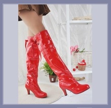 Knee High Wet Look Glossy PU Leather 3 inch Heel Fashion Boots - Red White Black image 3