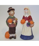 Pilgrims Man Woman Set Pumpkin Statue Figurine Porcelain Pottery Thanksg... - $35.00