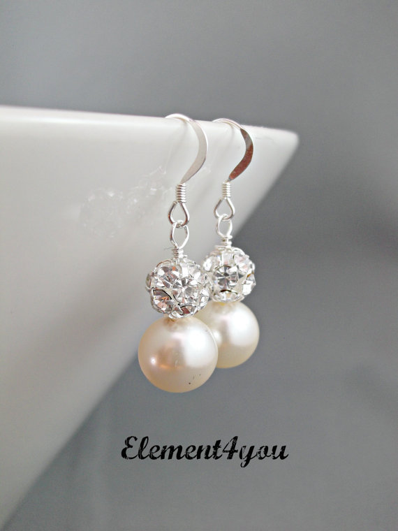 bridal earrings, bridesmaid earrings, swarovski cream pearls, rhinestone balls,
