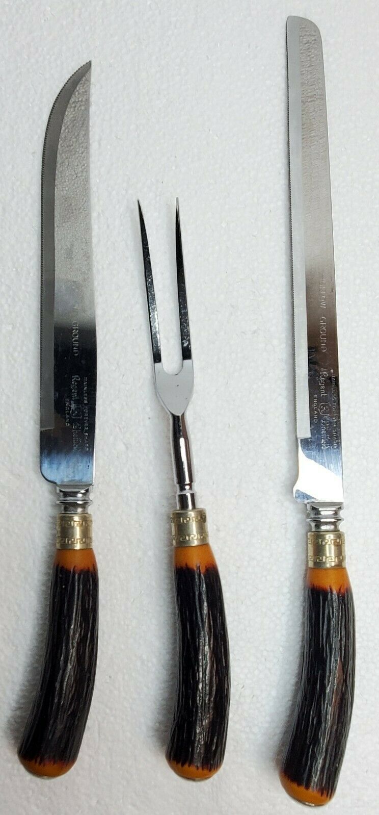 Sheffield Yellow Bakelite Carving Set, Knife, Fork and Steel, s/3