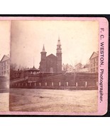 BANGOR MAINE 1870s PHOTO STEREOVIEW - Universalist Church &amp; Center Park - $49.95