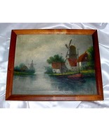 ANTIQUE A. VON HOUSTEN OIL PAINTING - Holland Windmills - $175.00
