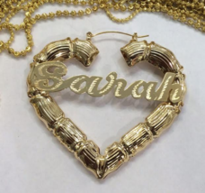 Personalized 14k Gold Overlay Any Name heart hoop Earrings Bamboo Earrings 3"  - $35.99