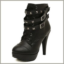 Black Rivet Buckle Strap Gothic Lace Up Ankle High Heel Platform Stiletto Boots image 1
