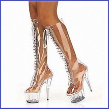 Tall Clear Wet Look Acrylic Front Lace Up Stiletto Platform Fashion Heel Boots
