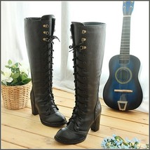 Black Knee High Nubuck Leather Lace-Up Medium High Heel Boots 