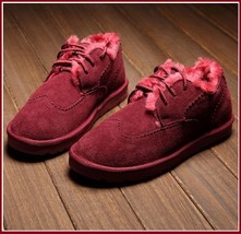 Wine Red Leather Suede Flats Thick Fur Lined Padded Short Laced Unisex Shoes