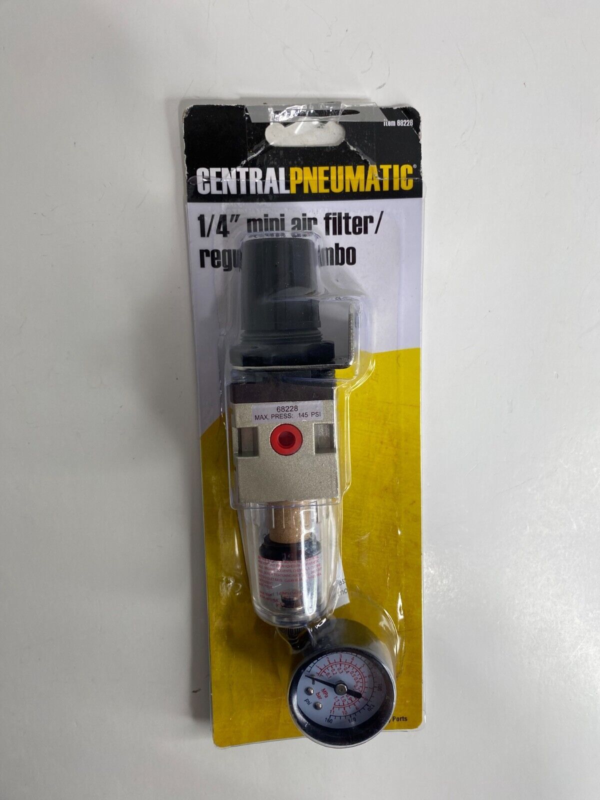 Central Pneumatic Mini 1/4 Air Line Filter Regulator w/ Gauge, 145 PSI