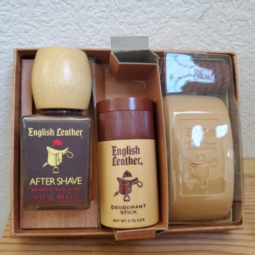 VTG English Leather Gift Set Aftershave 4 oz Soap Deodorant Wood Box