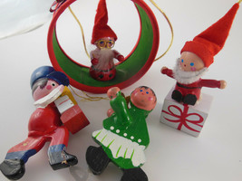 Vintage Wooden Christmas Ornaments set 4 Santas shopper ice skater 2.5 - 3.5" - $9.69