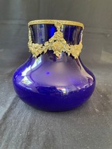 Antico Art Nouveau Francese Blu Opaline Vetro Con Dorato Decorazione Op Top - $169.78