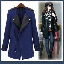 Black Leather Collar Asymmetric Front Zip Winter Wool Thigh Length Coat  image 1