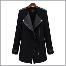 Black Leather Collar Asymmetric Front Zip Winter Wool Thigh Length Coat  image 4