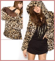 Luxury Long Sleeve Silk Lined with Pockets Leopard Faux Fur Hooded Parka Jacket 