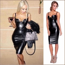 Evening Party Vamp Spaghetti Strap Back Zip Up Knee Length Pleather Pencil Dress image 2