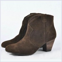 Genuine Brown Leather Suede Western Style Short Ankle Boot Slant Martin Heel image 1