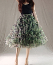 Women Knee Length Puffy Tulle Skirt Army Pattern Layered Tulle Skirt A-line Plus