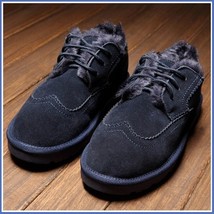 Navy Blue Leather Suede Flats Thick Fur Lined Padded Short Laced Unisex Shoes image 1