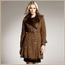 Brown Suede Faux Fur Big Lapel Collar Double Breasted Long Warm Trench Coat  image 1