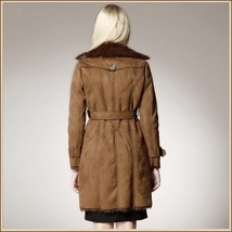 Brown Suede Faux Fur Big Lapel Collar Double Breasted Long Warm Trench Coat  image 2