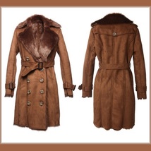 Brown Suede Faux Fur Big Lapel Collar Double Breasted Long Warm Trench Coat  image 3