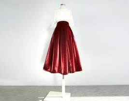WINE RED Midi Pleated Skirt Outfit Vintage Inspired Satin Holiday Midi Skirts image 2