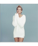 Fuzzy Long Sleeve Soft White Mohair V Neck Extra Long Woolen Pull Over S... - $92.95