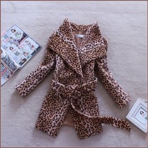 Wide Flare Turn Down Collar  Leopard Long Sleeved Sash Belted Wool Coat  image 1