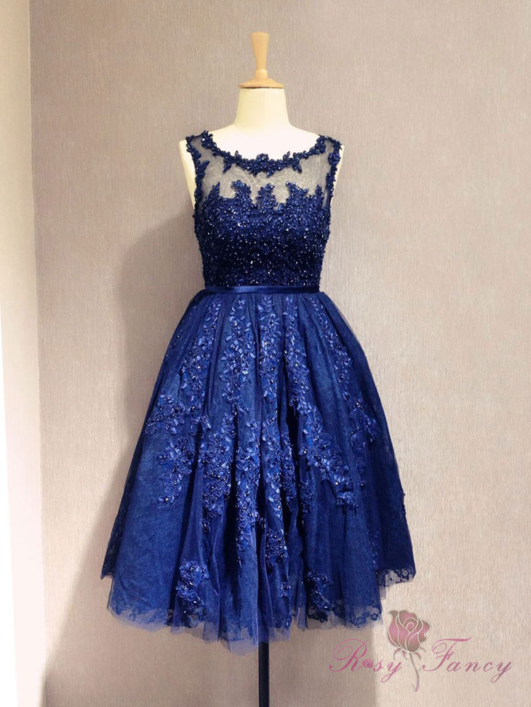 Rosyfancy Lace Applique Sleeveless A-line Tea Length Prom   Party Dress 