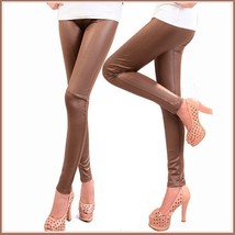 Spliced Brown or Black Lycra Elastic Waist Skinny Stretch Pants Leggings image 1