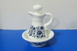 Avon Vintage 1972 Skin So Soft Empty Bath Oil Pitcher Bowl Blue Flowers ... - $14.00