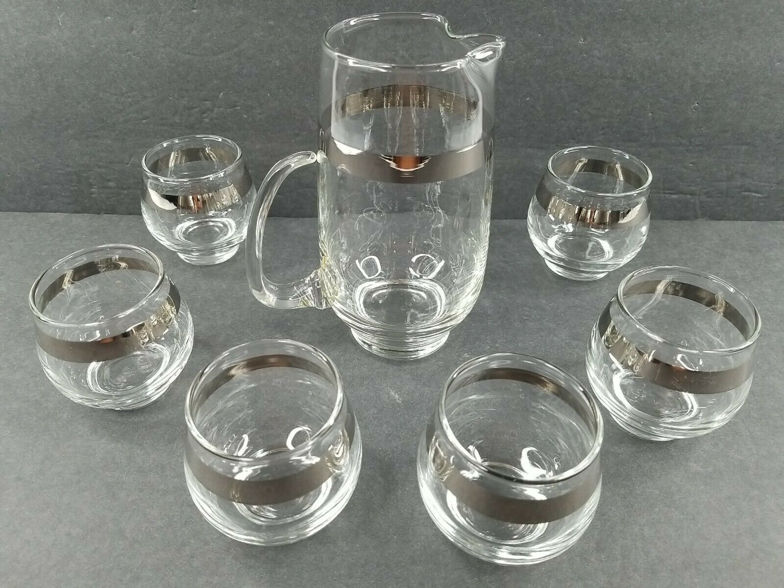 Mid-Century Libbey Glass Co. Roll Poly Silver Band Small Bar Pitcher