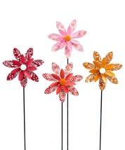 Spinning Flower Garden Stakes Set of 4 Metal Single Prong 18.5" High Red Pink