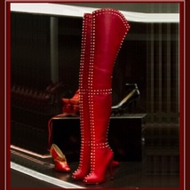  Italian Thigh High Soft Leather Panel Rivets Spike Stiletto Heel Platform Boots image 2