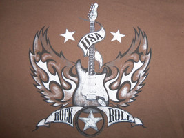 USA Patriotic Rock &amp; Roll Music Guitar Brown Graphic Print T Shirt - M - $22.21